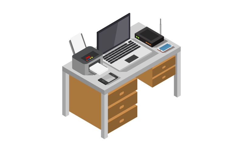 Isometric Office Desk on Background - Vector Image Vector Graphic
