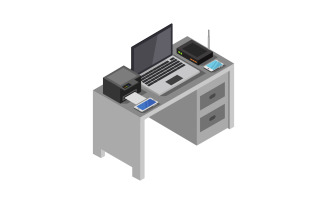 Isometric Office Desk On A Background - Vector Image