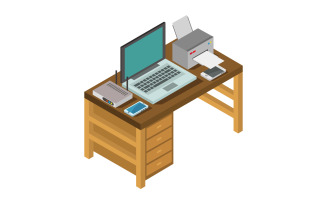 Isometric Office Desk On A White Background - Vector Image