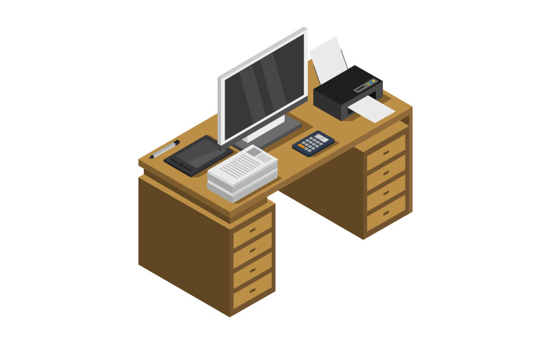 Isometric Office Desk On Background - Vector Image Vector Graphic