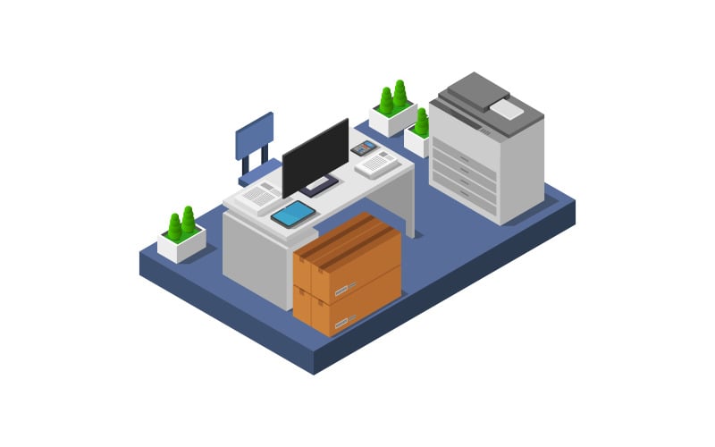 Isometric Office On White Background - Vector Image Vector Graphic