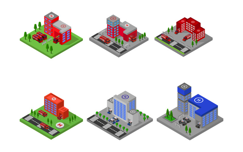 Set Of Isometric Emergency Buildings On A White Background - Vector Image Vector Graphic