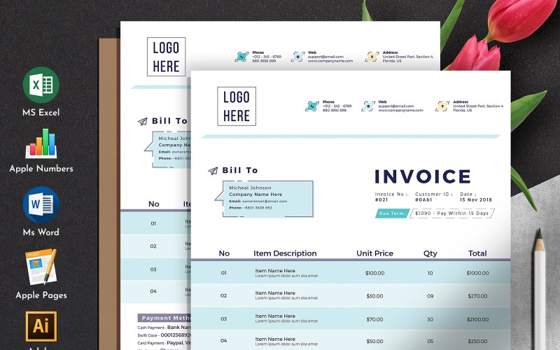 Modern Invoice Quotation Template With Ms Word Apple Pages Excel Numbers Format Corporate Identity
