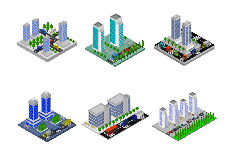 Set Of Isometric Cities On Background - Vector Image Vector Graphic