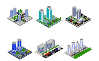 Set Of Isometric Cities On Background - Vector Image