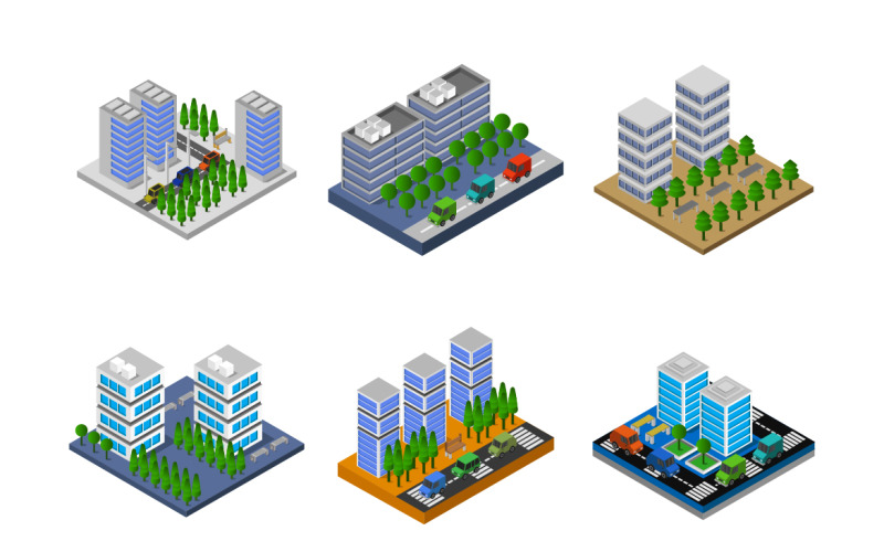 Set of Isometric Cities On White Background - Vector Image Vector Graphic