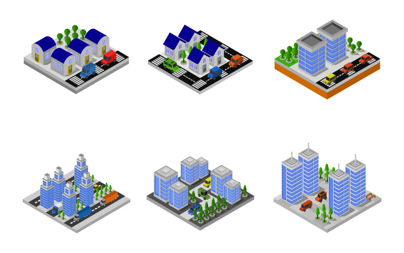 Set Of Isometric Cities On White Background - Vector Image Vector Graphic