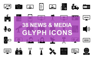 News & Media Glyph Black Set Icon