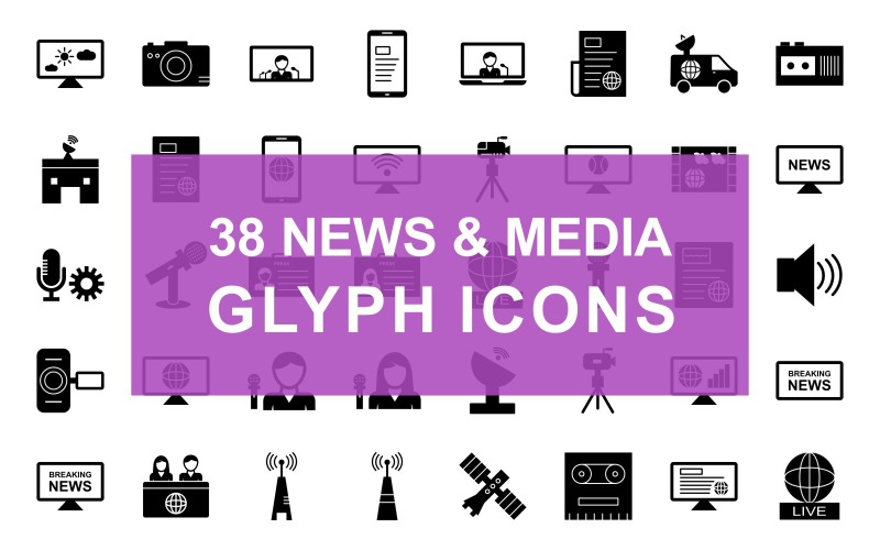 News & Media Glyph Black Set Icon Icon Set