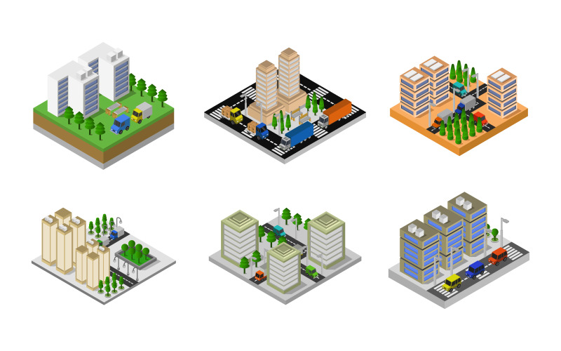 Isometric City Set On White Background - Vector Image Vector Graphic