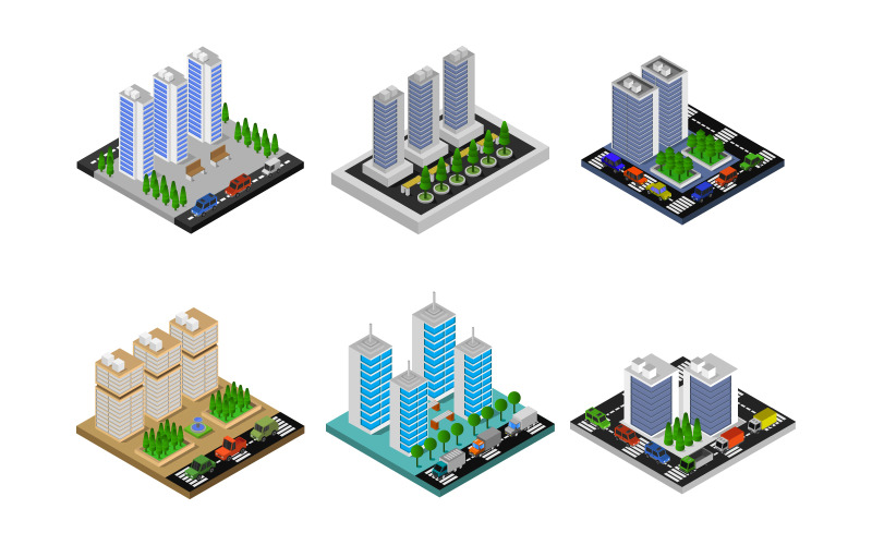 Set of Isometric Cities Illustrated On White Background - Vector Image Vector Graphic