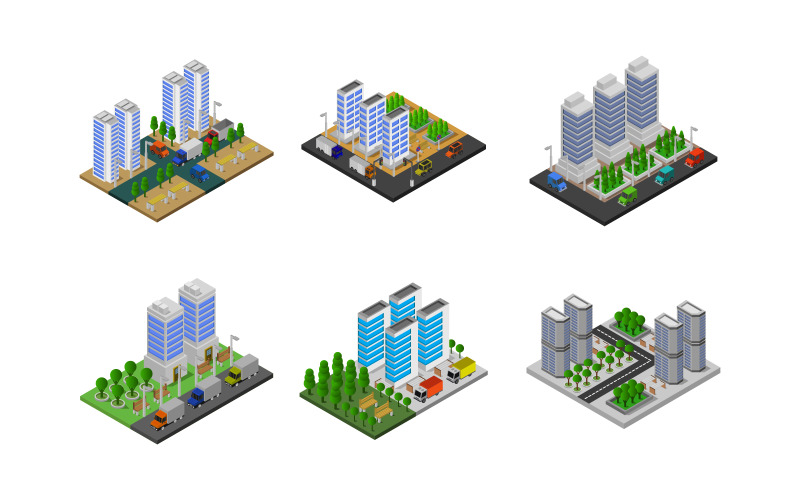 Isometric city set on white background - Vector Image Vector Graphic