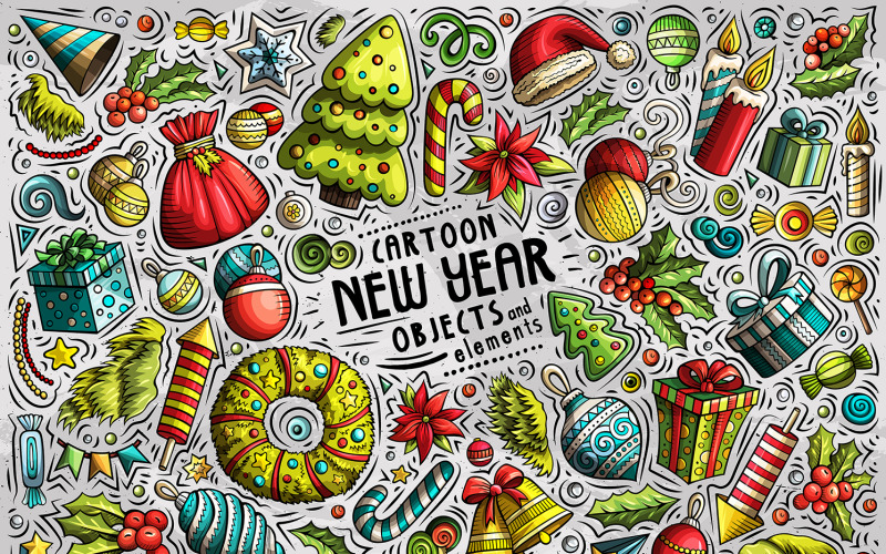 New Year Cartoon Objects Set - Vector Image Vector Graphic