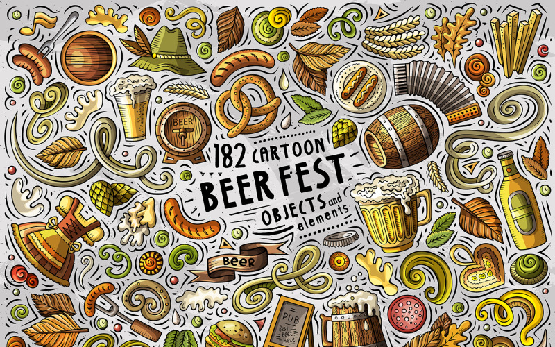 Beer Fest Cartoon Doodle Objects Set - Vector Image Vector Graphic