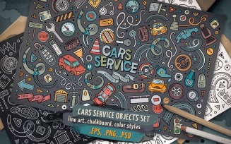 Cars Service Objects & Elements Set - Vector Image