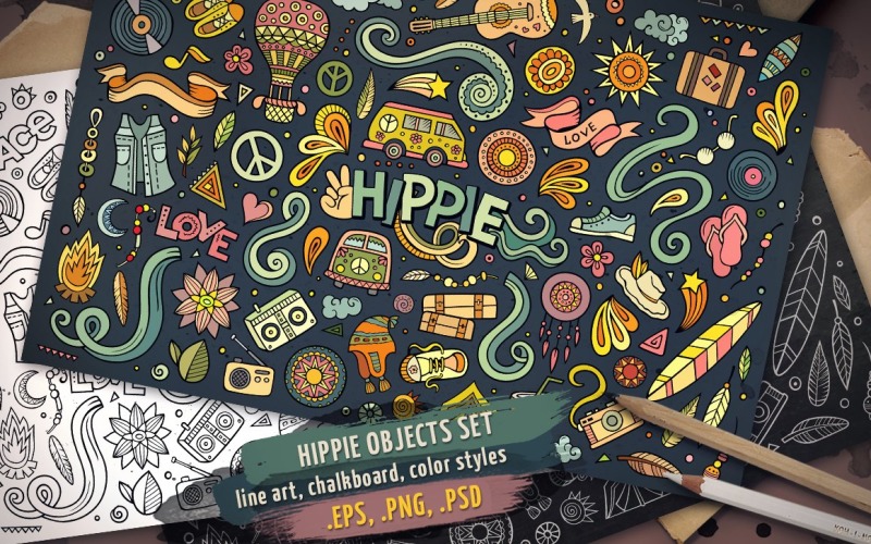 Hippie Objects & Elements Set - Vector Image Vector Graphic
