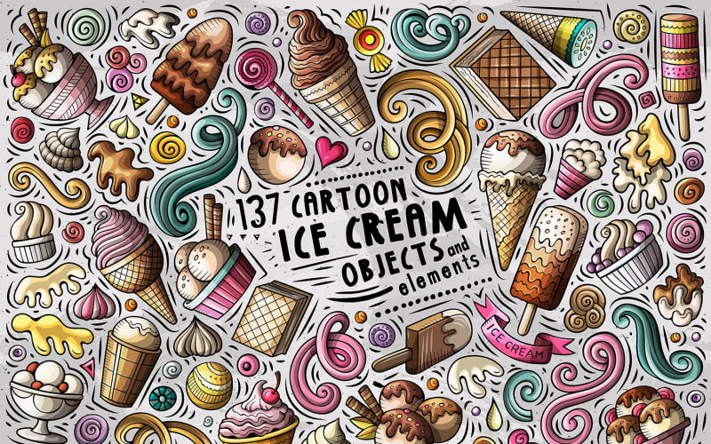 Ice Cream Cartoon Doodle Objects Set - Vector Image Vector Graphic