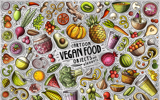 Vegan Food Cartoon Doodle Objects Set - Vector Image