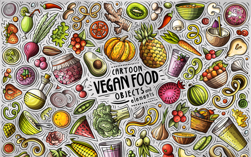 Vegan Food Cartoon Doodle Objects Set - Vector Image Vector Graphic