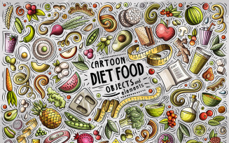 Diet Food Cartoon Doodle Objects Set - Vector Image