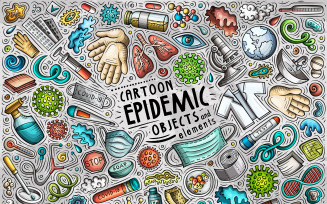 Epidemic Cartoon Doodle Objects Set - Vector Image