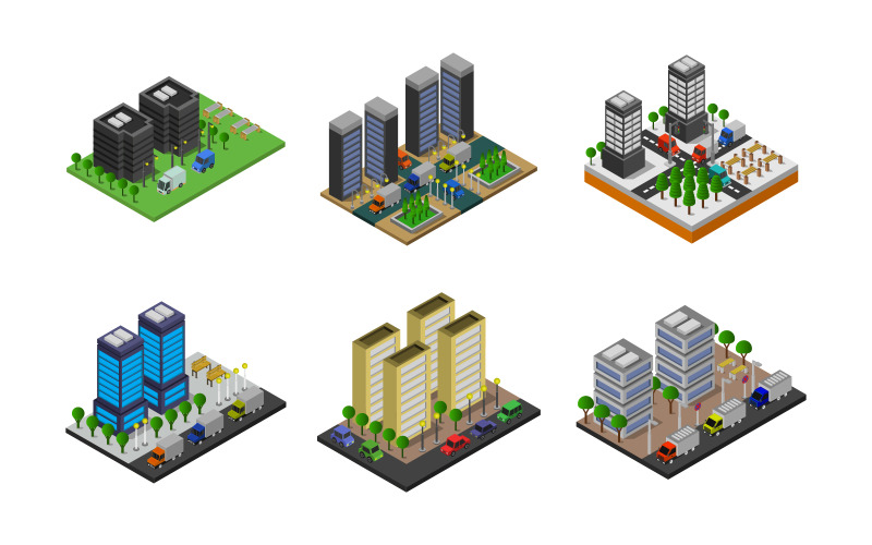 Isometric City Set On White Background - Vector Image Vector Graphic