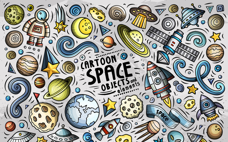 Space Cartoon Doodle Objects Set - Vector Image Vector Graphic
