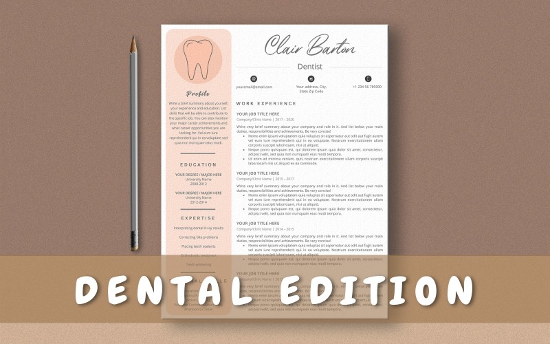 Dental Resume Template for MS Word, Dentist CV Template, Dentistry Curriculum Vitae