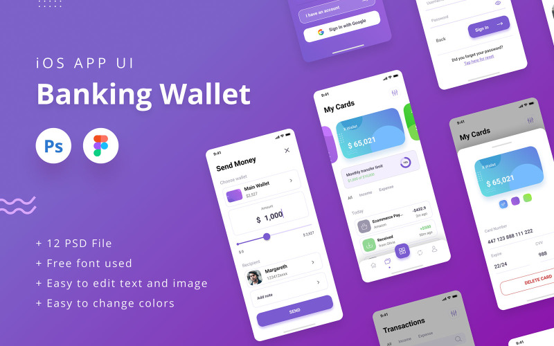 Banking Wallet iOS App UI PSD & Figma UI Element