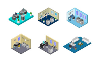 Set Of Isometric Office Room On Background - Vector Image
