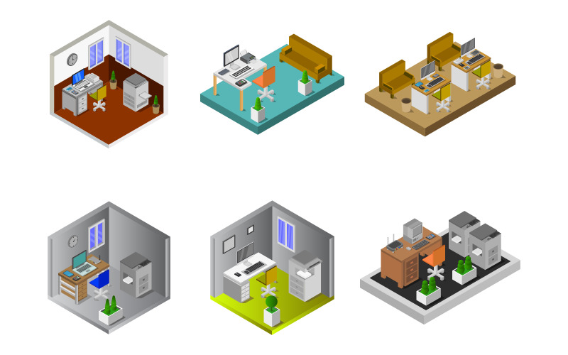 Isometric Office Room Set On White Background - Vector Image Vector Graphic