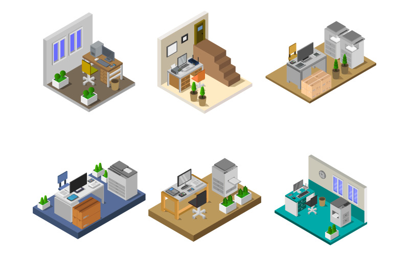 Isometric Office Room Set - Vector Image Vector Graphic