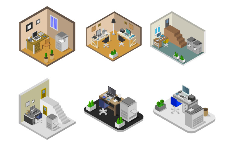 Isometric Office Room Set On Background - Vector Image Vector Graphic