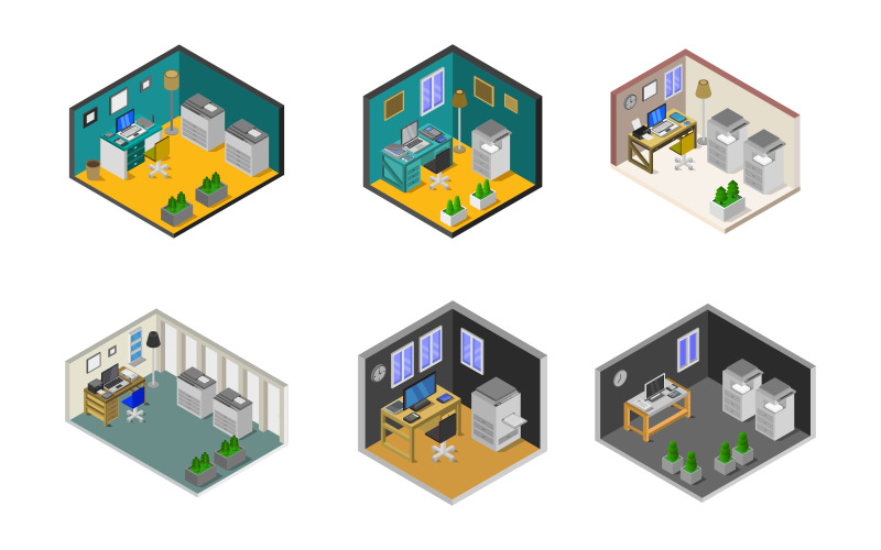 isometric office room set - Vector Image Vector Graphic