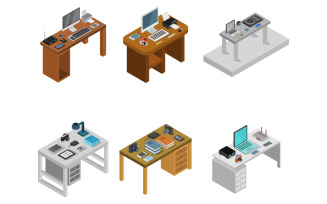 Isometric Office Desk Set - Vector Image