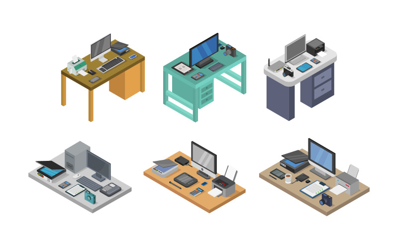 Isometric Office Desk Set - Vector Image Vector Graphic