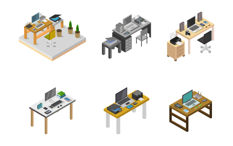Isometric Office Desk Set On Background - Vector Image Vector Graphic