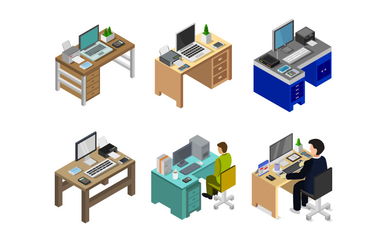 Isometric Office Desk Set - Vector Image Vector Graphic