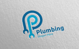 Letter P Plumbing with Water and Fix Home Concept 29 Logo Template