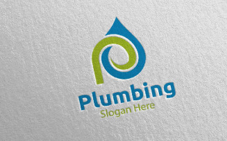 Letter P Plumbing with Water and Fix Home Concept 61 Logo Template