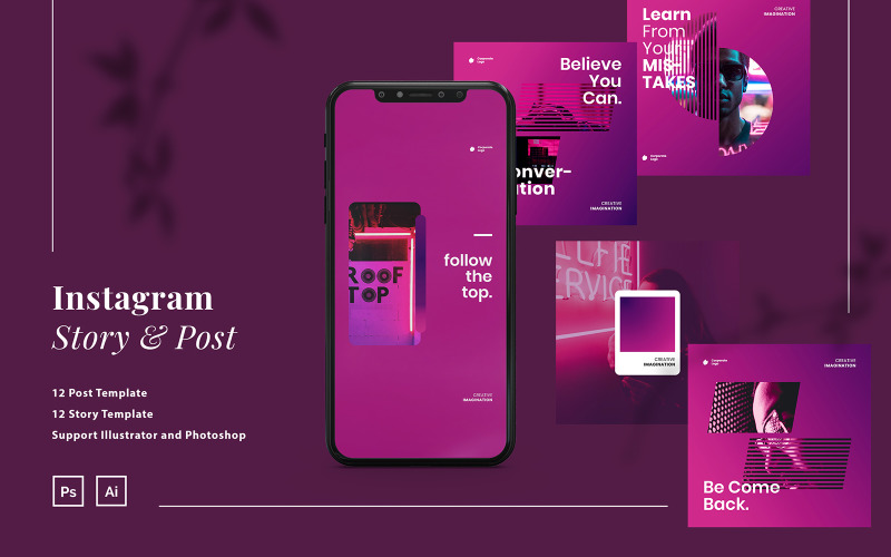 Neon Creative Instagram Ads Post & Story Template for Social Media