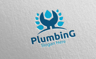 Wrench Plumbing with Water and Fix Home Concept 77 Logo Template