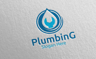 Wrench Plumbing with Water and Fix Home Concept 79 Logo Template
