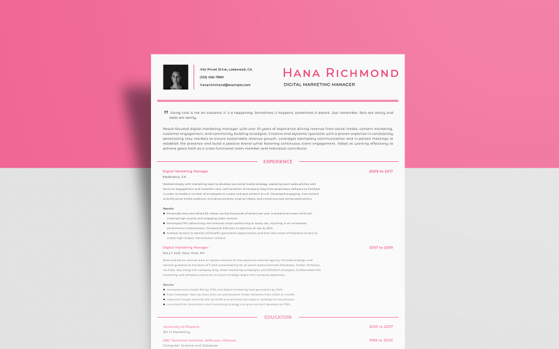Free Digital Marketing – Hana Richmond Resume Template