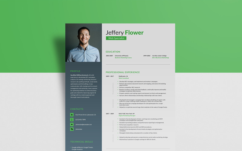 Free Web Analyst - Jeffery Flower Resume Template