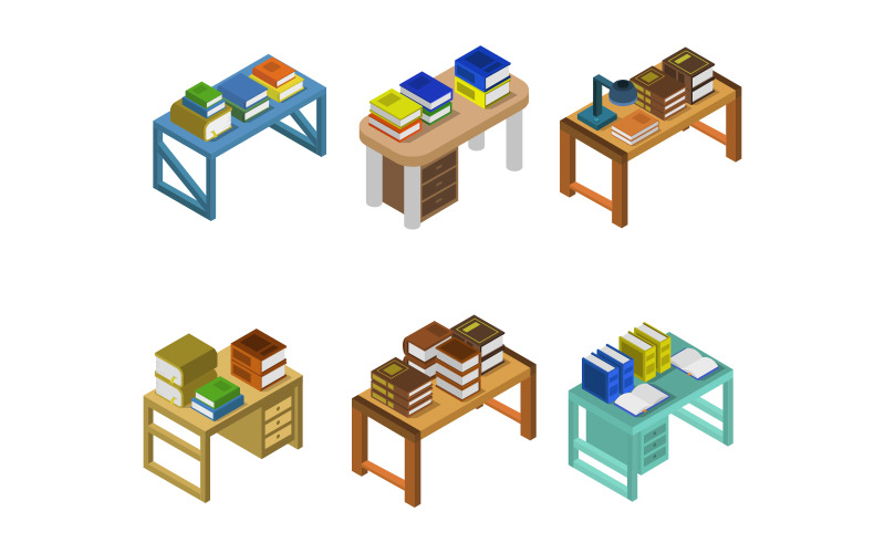 Set Of Desk With Isometric Books - Vector Image Vector Graphic