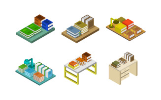 Set Of Desk With Isometric Books - Vector Image