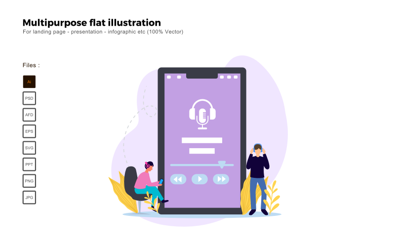 Multipurpose Flat Illustration Listening Podcast - Vector Image Vector Graphic