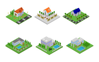 Set Of Isometric Houses On Background - Vector Image