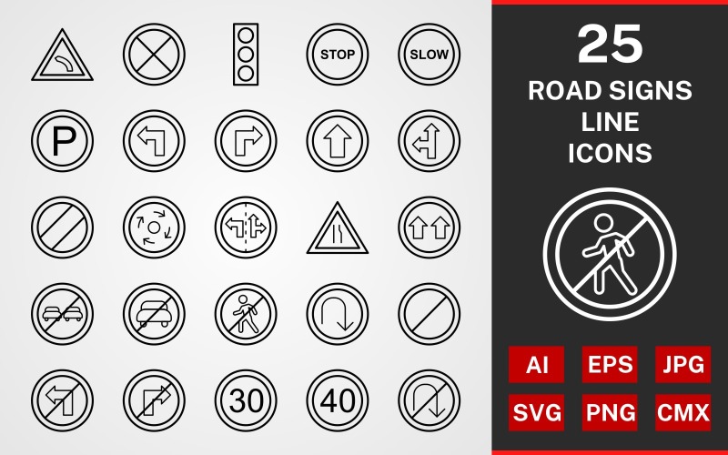 25 Road Signs LINE PACK Icon Set
